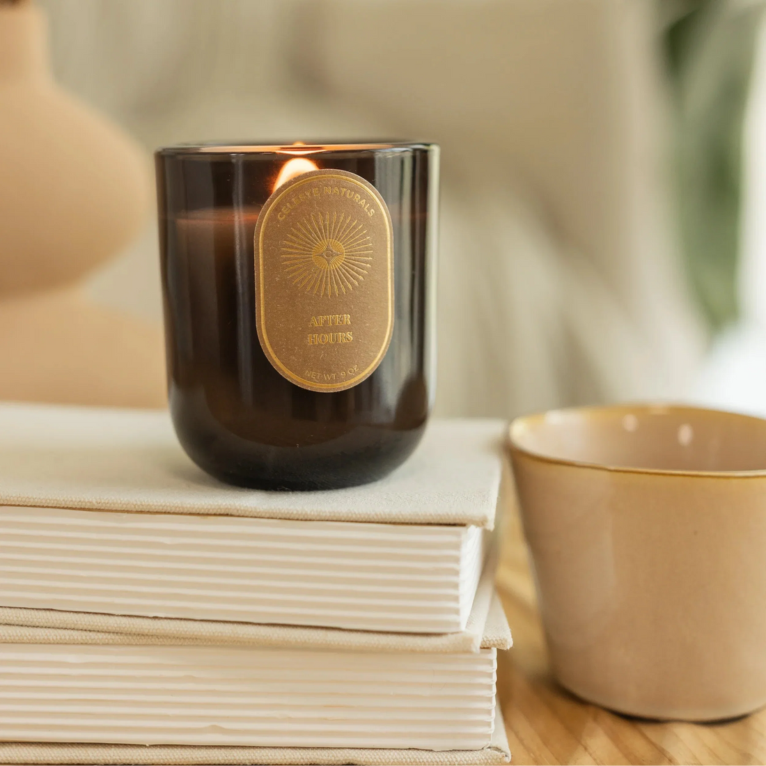 Celeste Naturals After Hours wood-wick candle burning, from the Candle Care 101 blog post