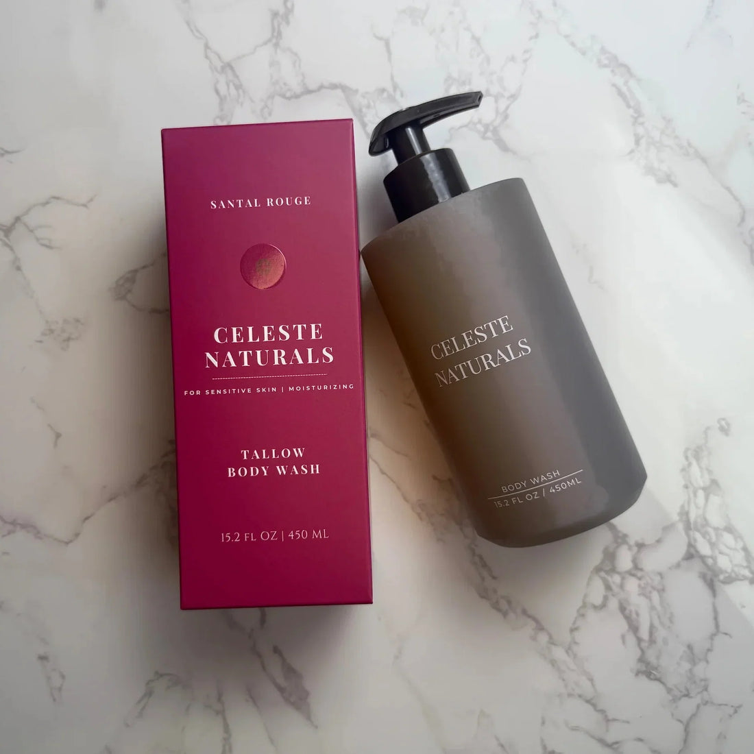 Bottle of Celeste Naturals Santal Rouge tallow body wash
