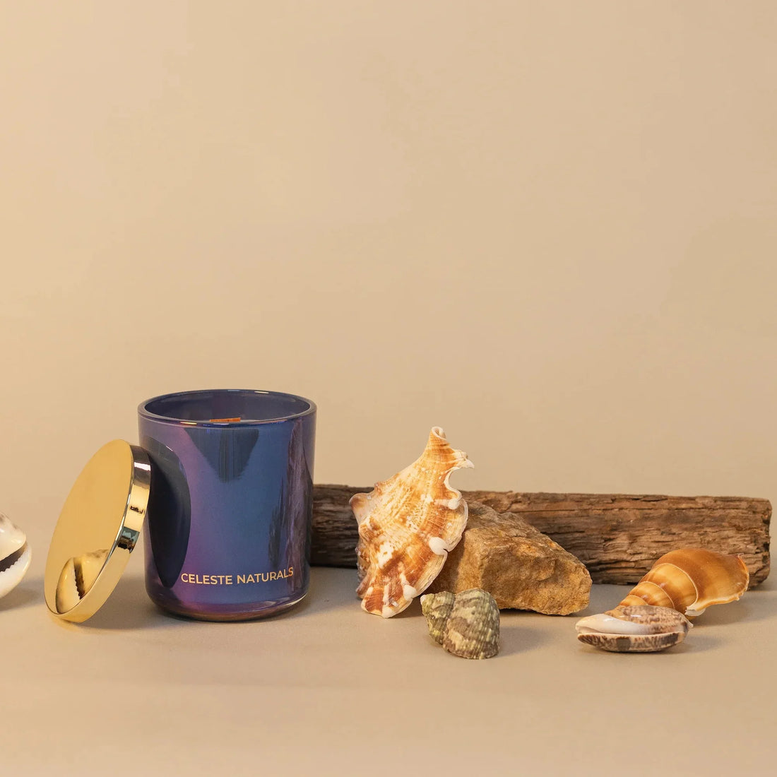Celeste Naturals Seaside Escape candle made with coconut apricot wax and a wood wick