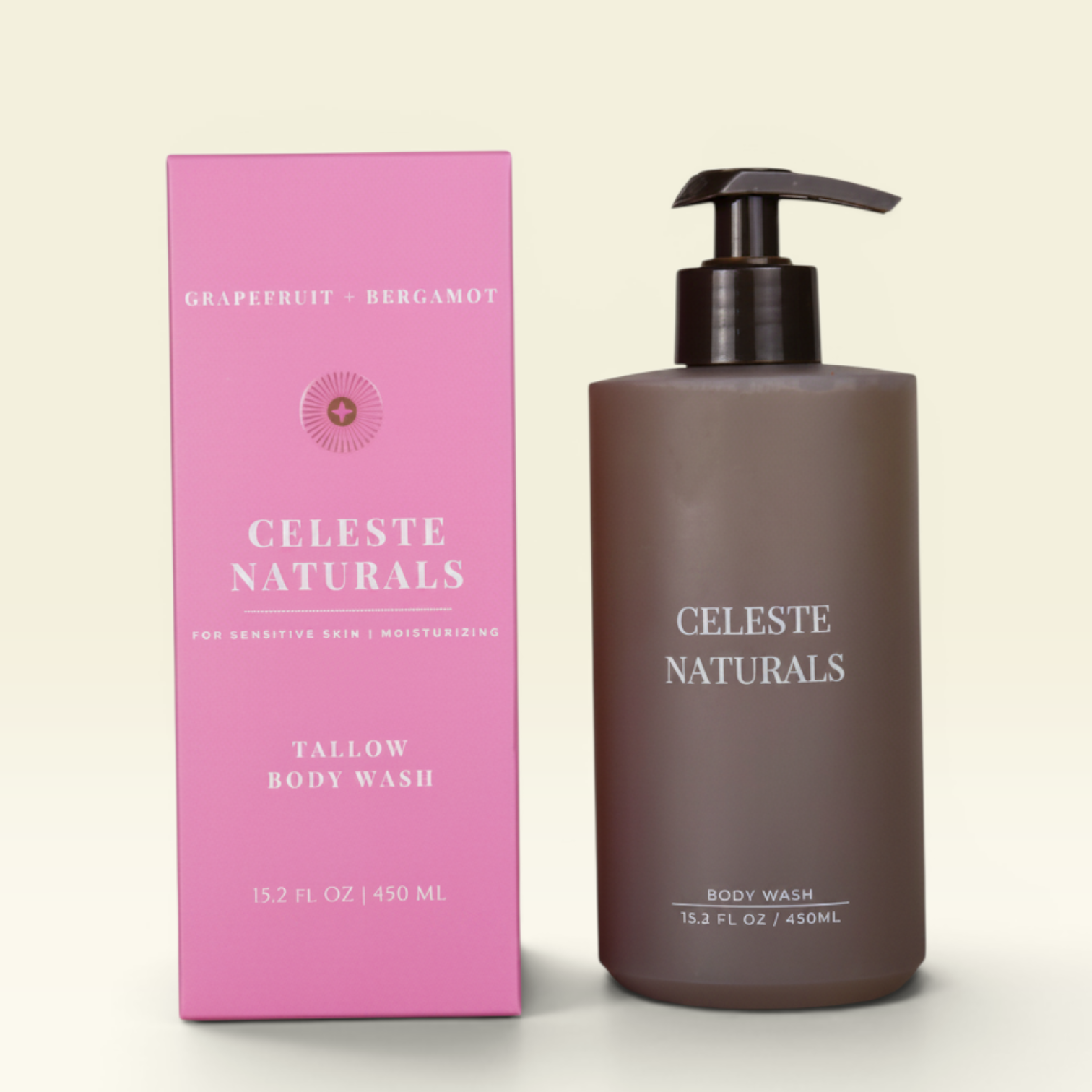 Celeste Naturals Grapefruit + Bergamot Body Wash bottle next to pink box