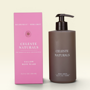 Celeste Naturals Grapefruit + Bergamot Body Wash bottle next to pink box