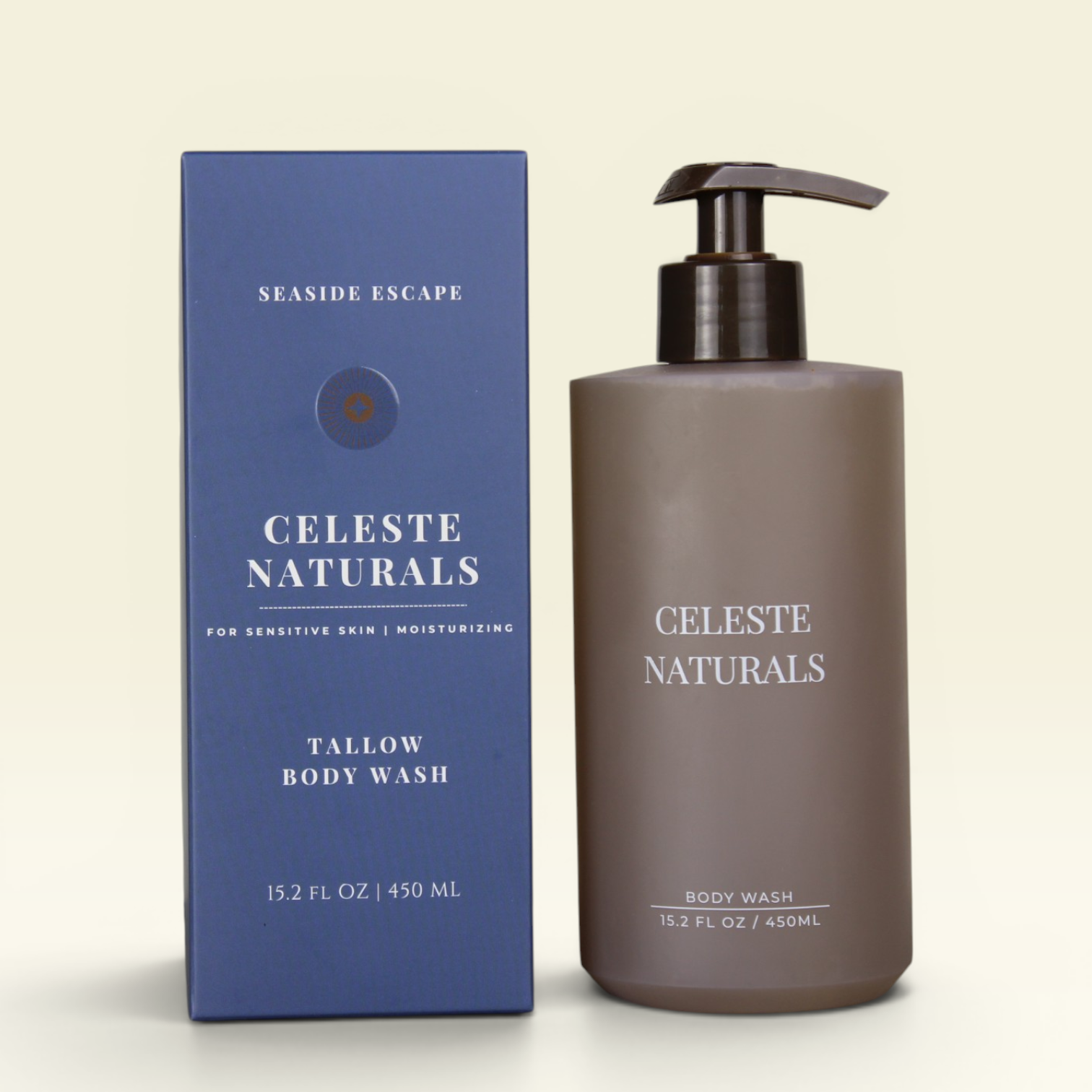 Celeste Naturals Seaside Escape Body Wash bottle next to Blue Box