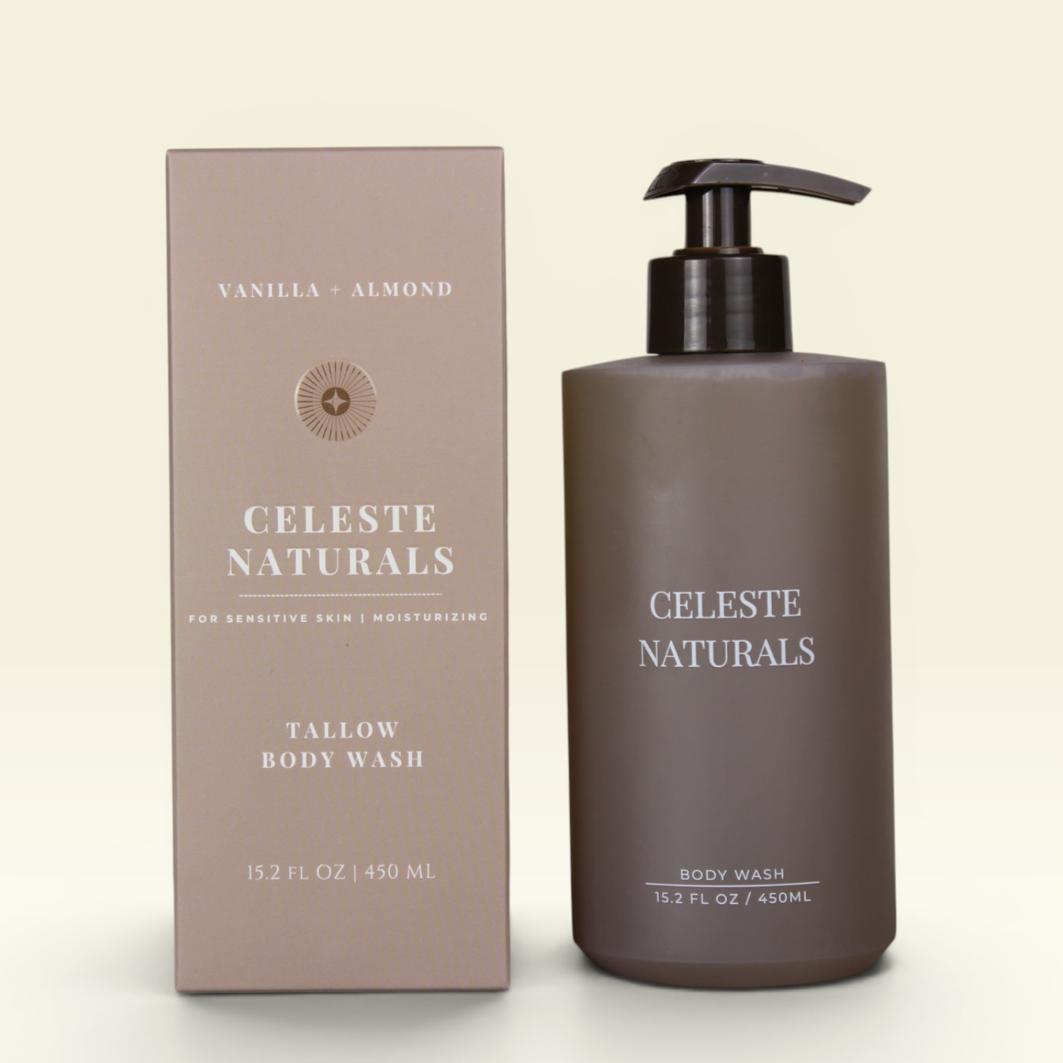 Celeste Naturals Vanilla + Almond Body Wash bottle next to beige box