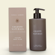 Celeste Naturals Vanilla + Almond Body Wash bottle next to beige box
