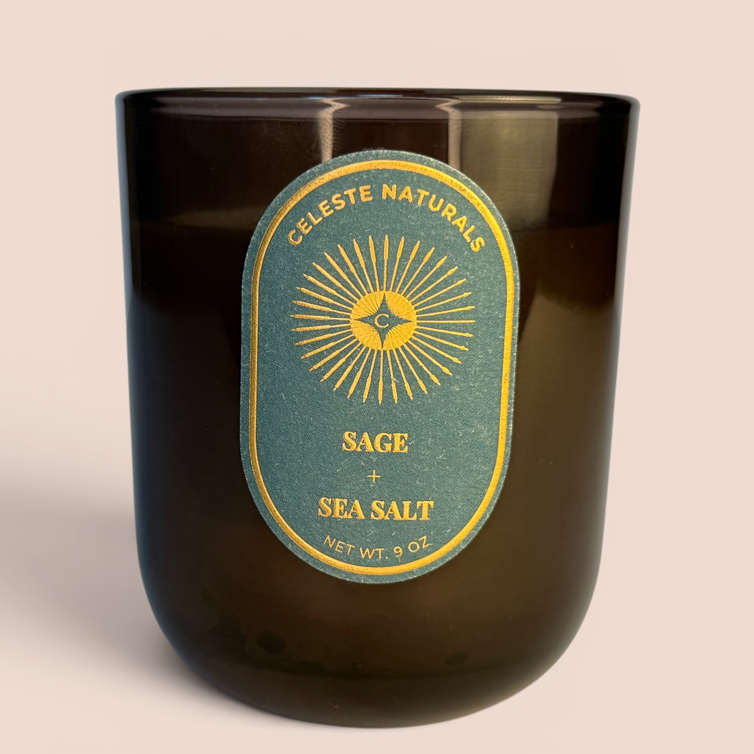 CELESTE NATURALS Sage and Sea Salt Candle on Beige Background