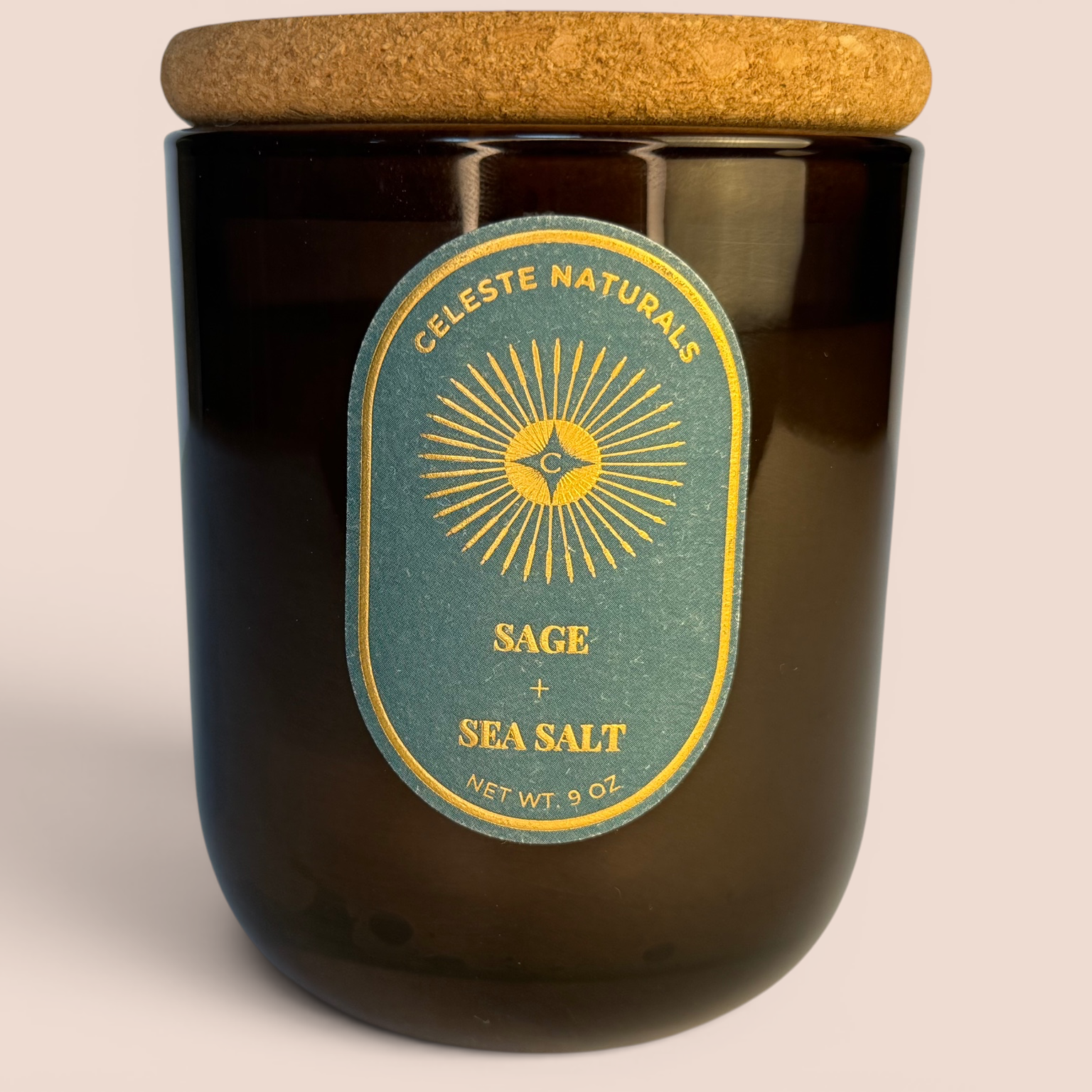 CELESTE NATURALS Sage and Sea Salt Candle with cork lid on beige background