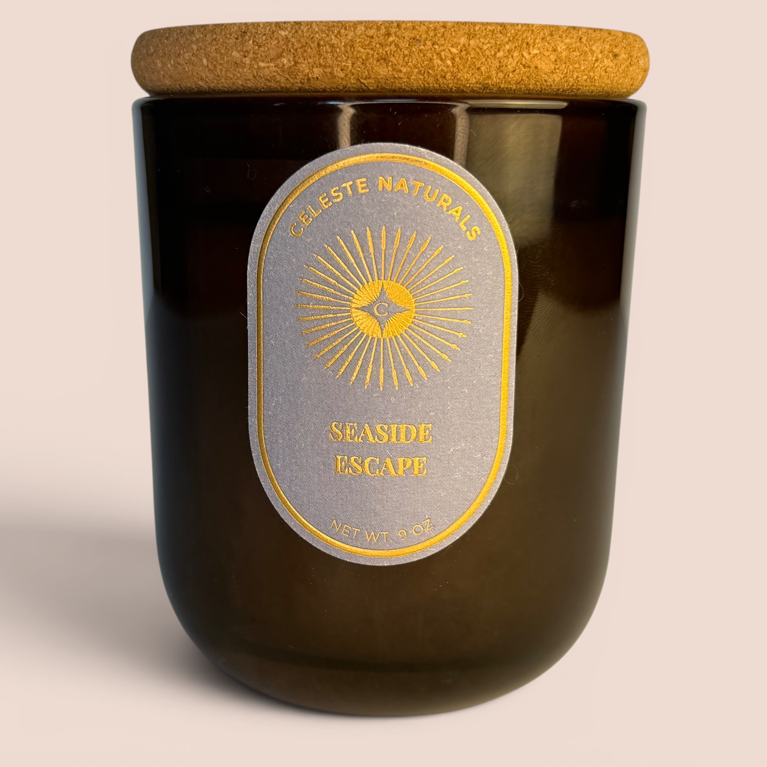 Celeste Naturals Seaside Escape candle with cork lid on a beige background