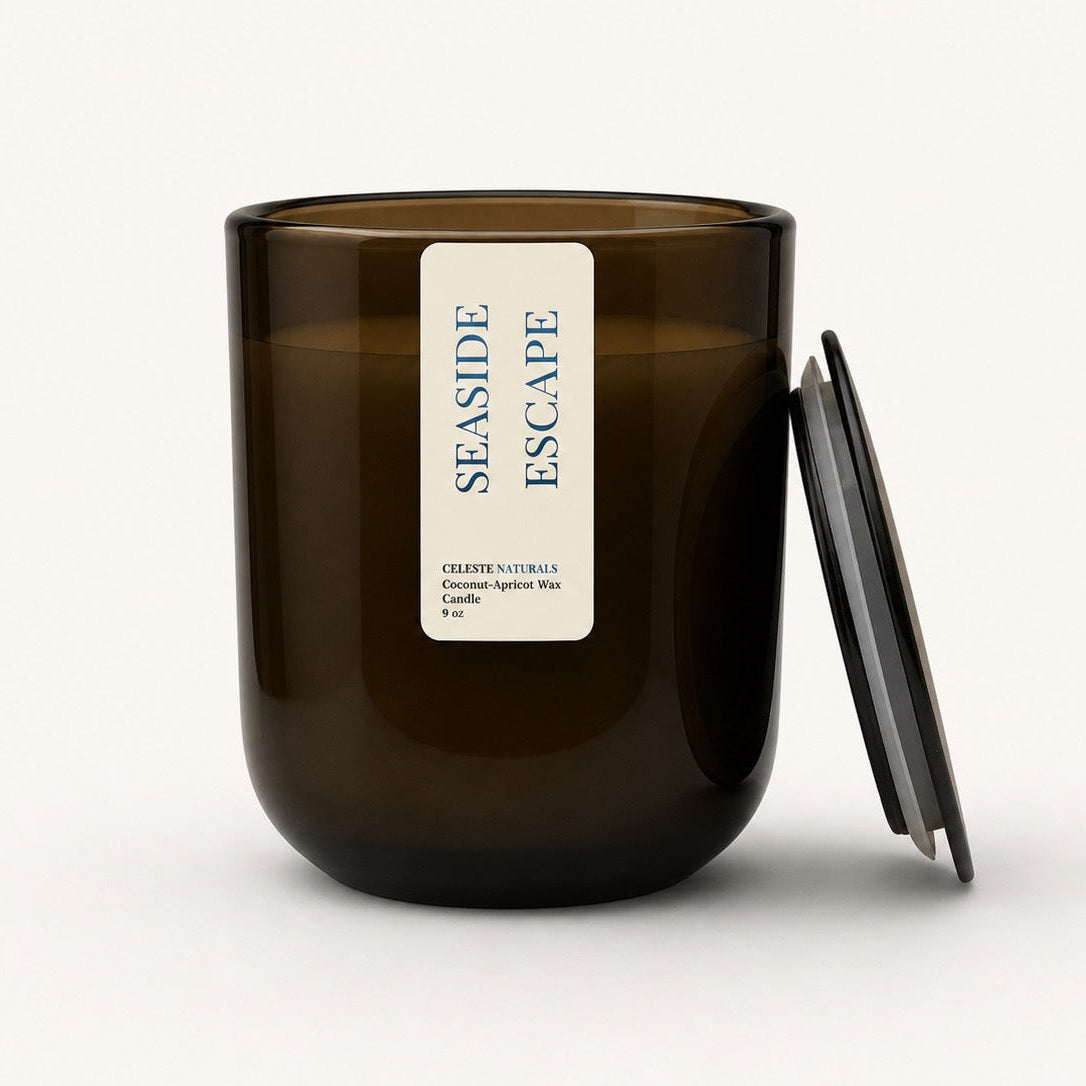 CELESTE NATURALS SEASIDE ESCAPE Candle with lid leaning