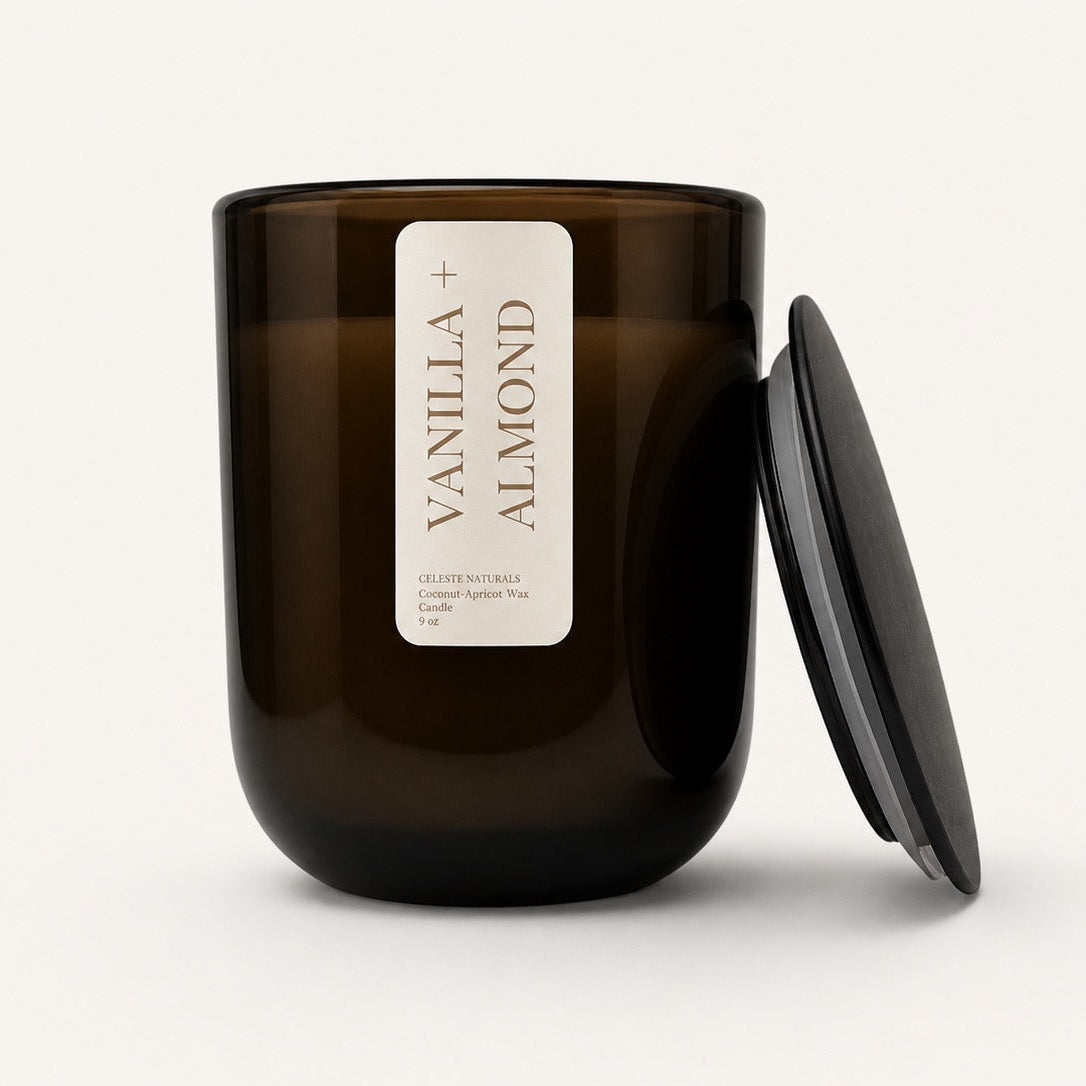 CELESTE NATURALS VANILLA+ALMOND Coconut Apricot Wax Candle w lid