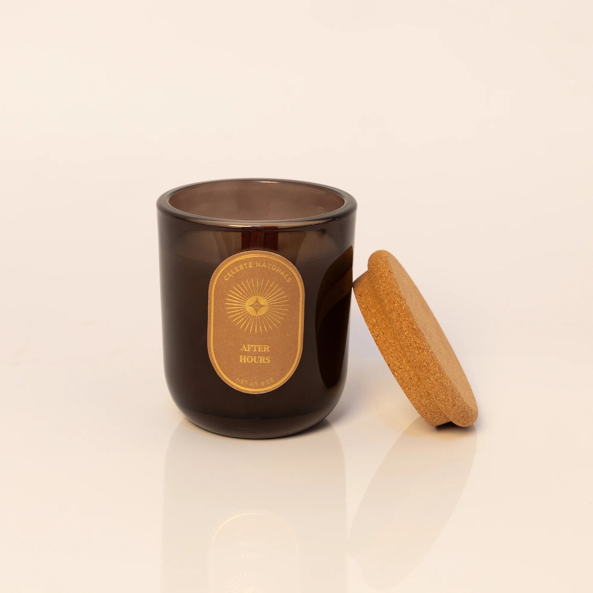Celeste Naturals After Hours candle in amber vessel with wood wick and cork lid