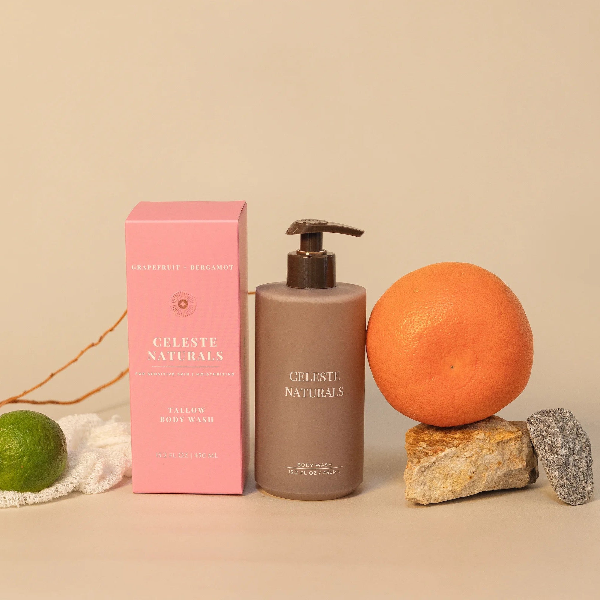 Celeste Naturals Grapefruit + Bergamot Body Wash bottle and pink box