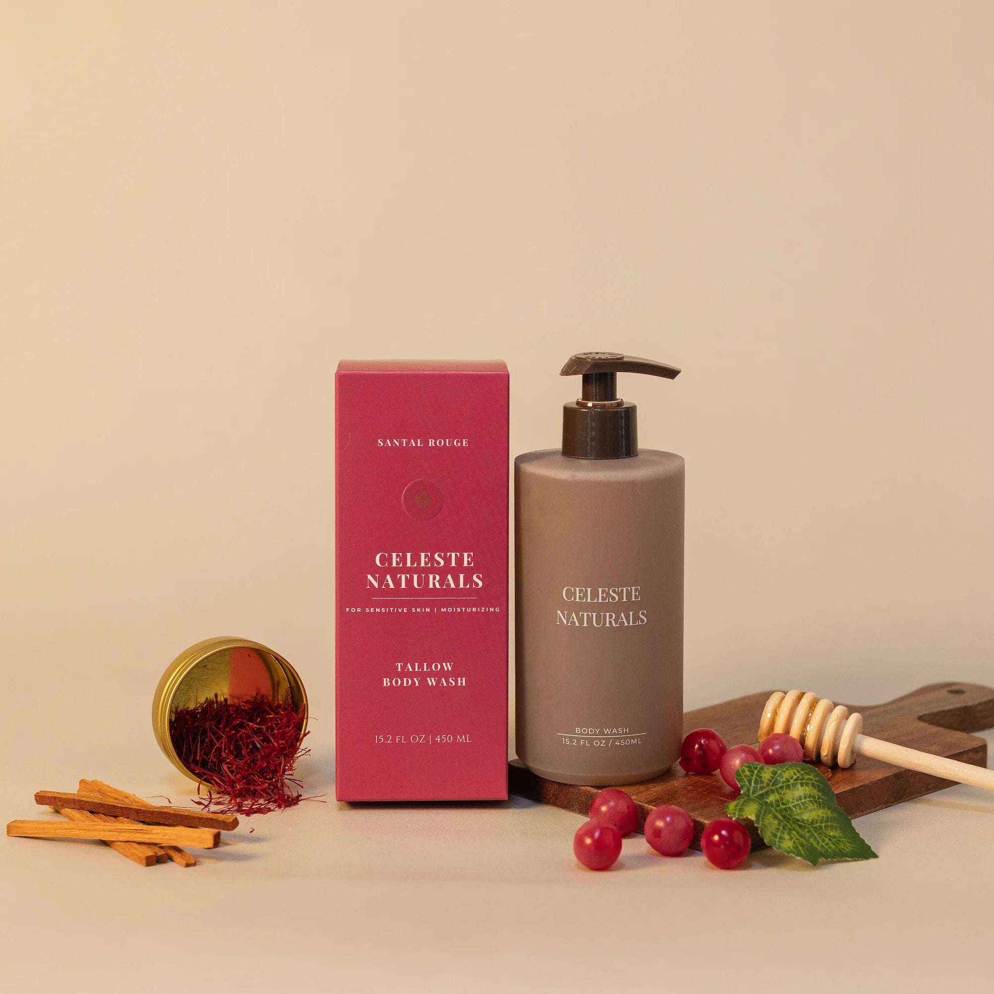 Celeste Naturals Santal Rouge Body Wash bottle with rouge box