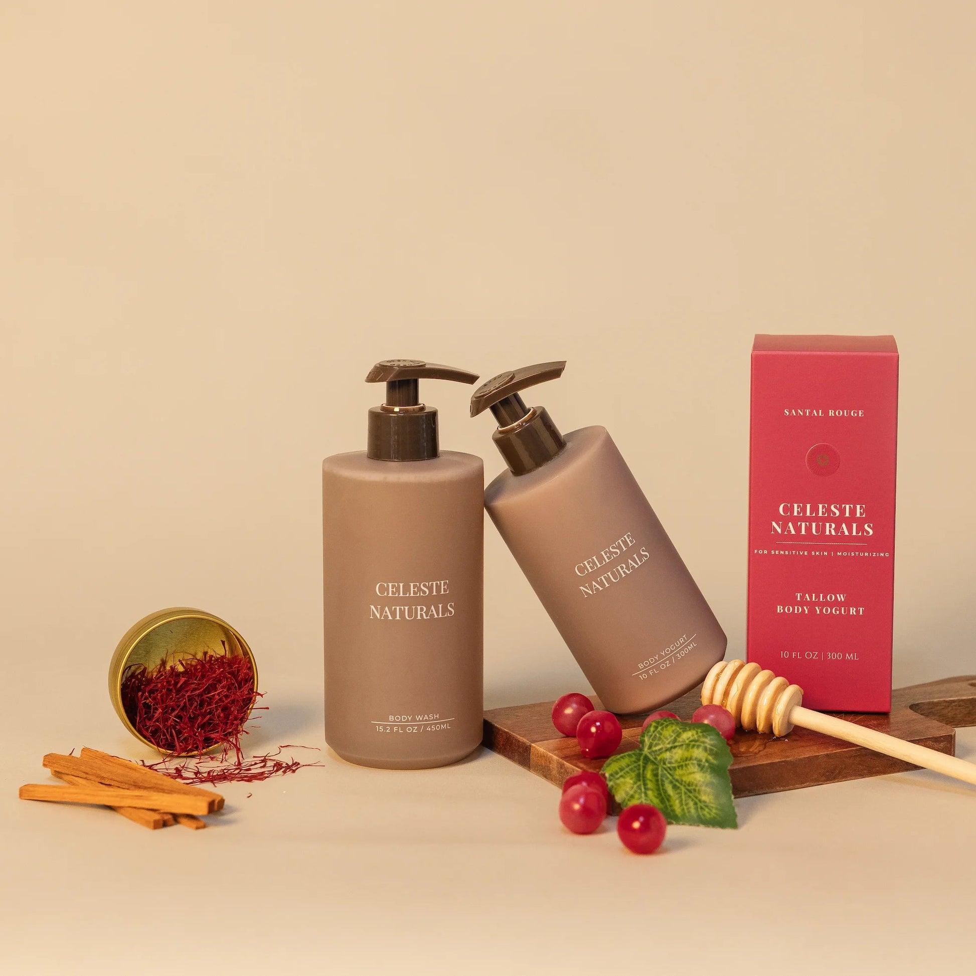 Celeste Naturals Santal Rouge Body Wash and Body yogurt bottles with rouge box