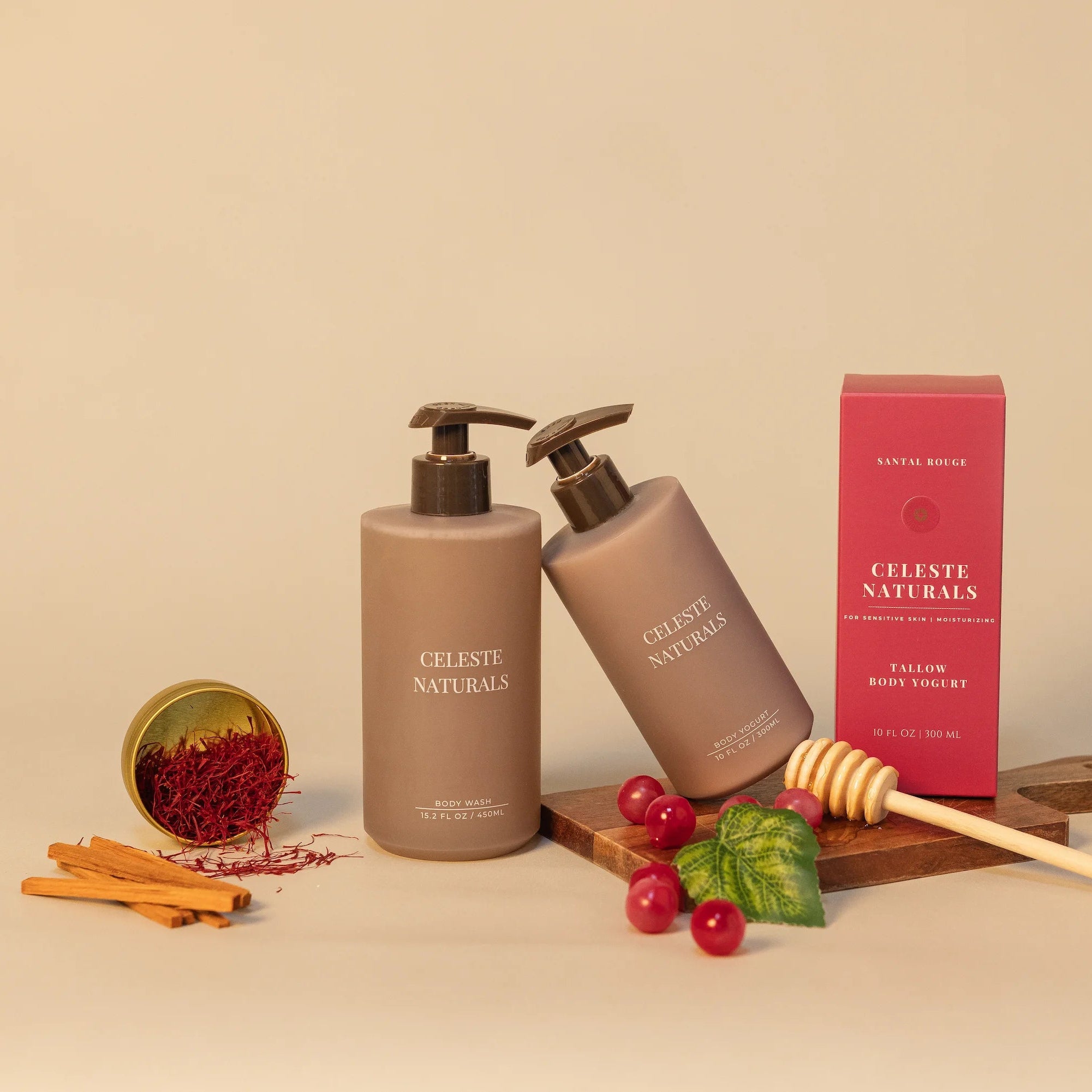 Celeste Naturals Santal Rouge Body Wash and Body yogurt bottles with rouge box