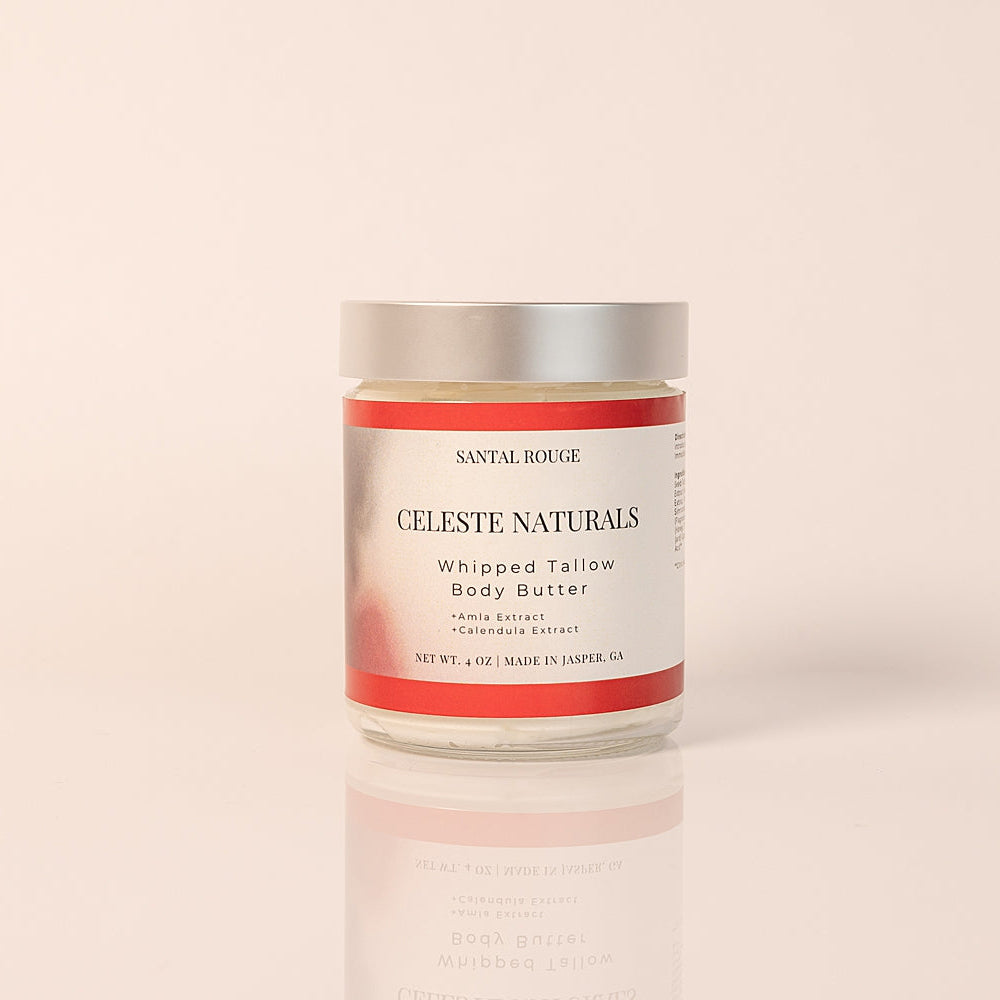 CELESTE NATURALS SANTAL ROUGE whipped tallow body butter jar on a beige background