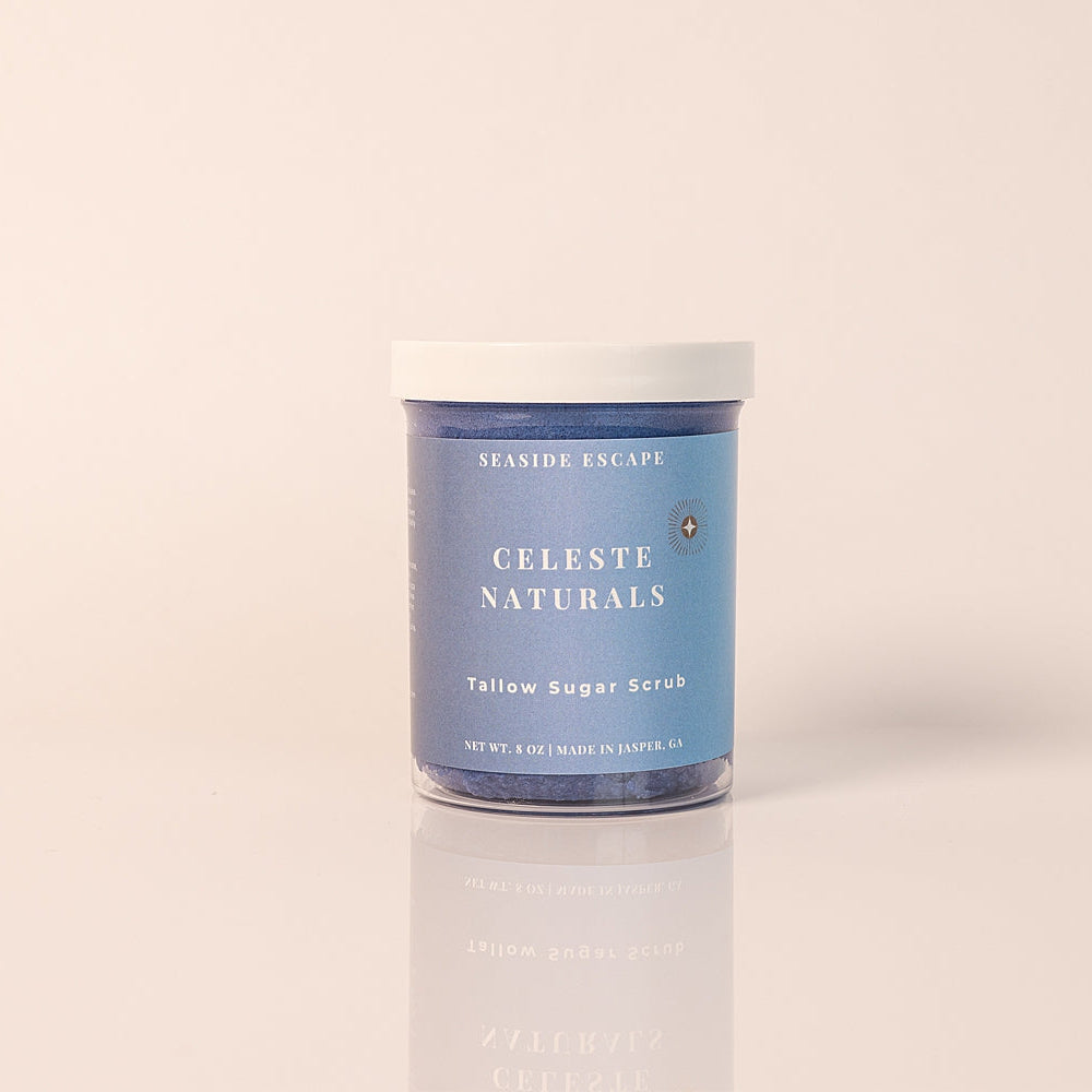 CELESTE NATURALS SEASIDE ESCAPE Sugar Scrub on a beige background