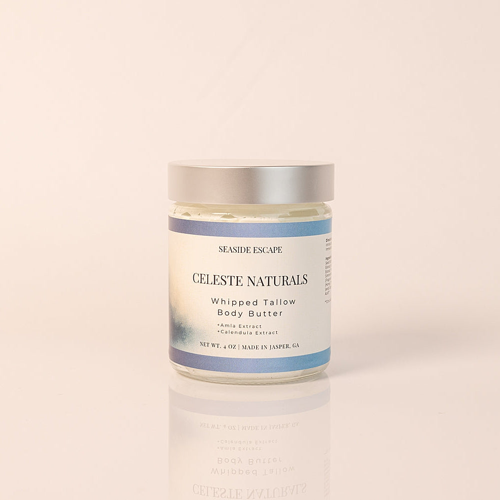 CELESTE NATURALS SEASIDE ESCAPE whipped tallow body butter jar on a beige background
