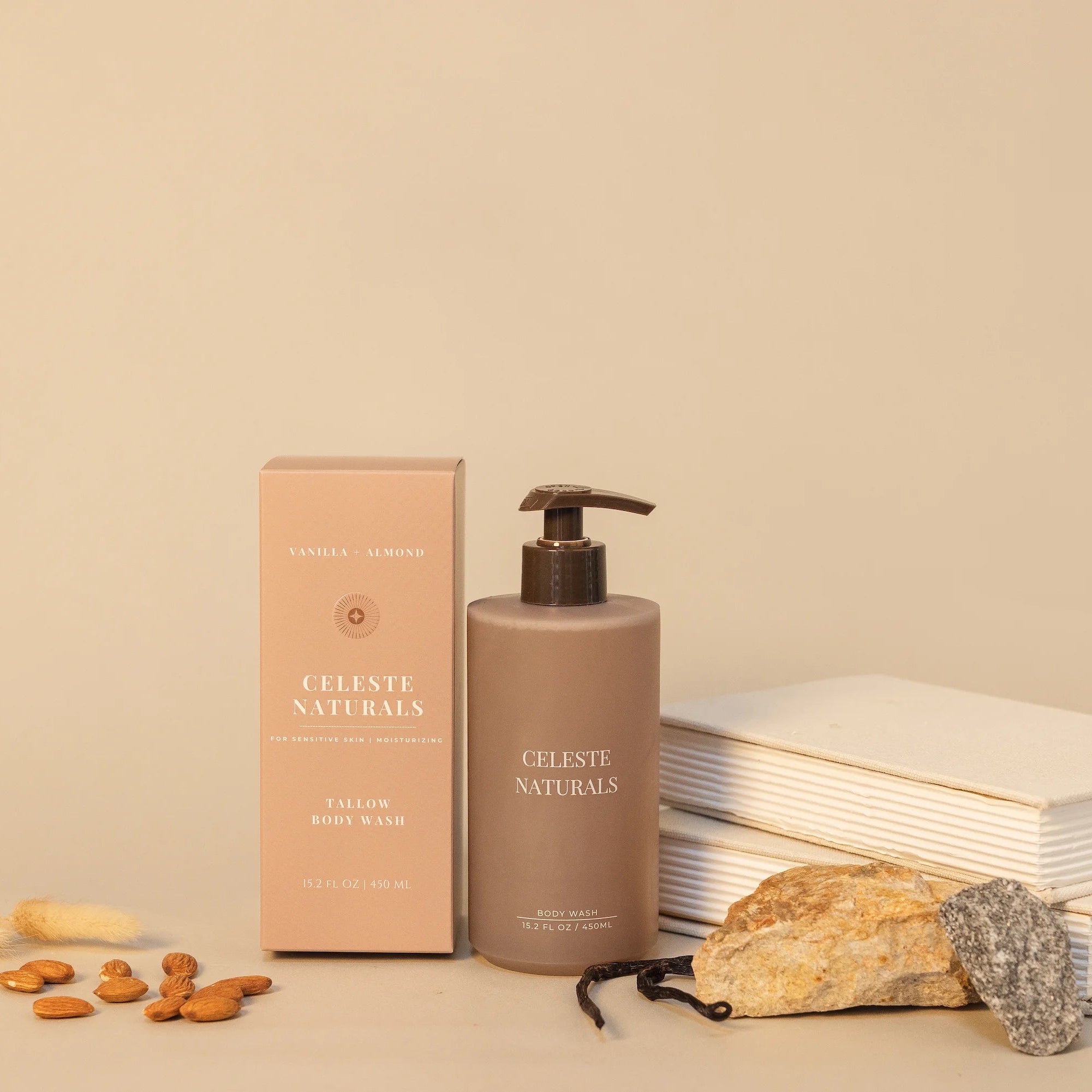 Celeste Naturals Vanilla + Almond Body Wash Bottle with beige box