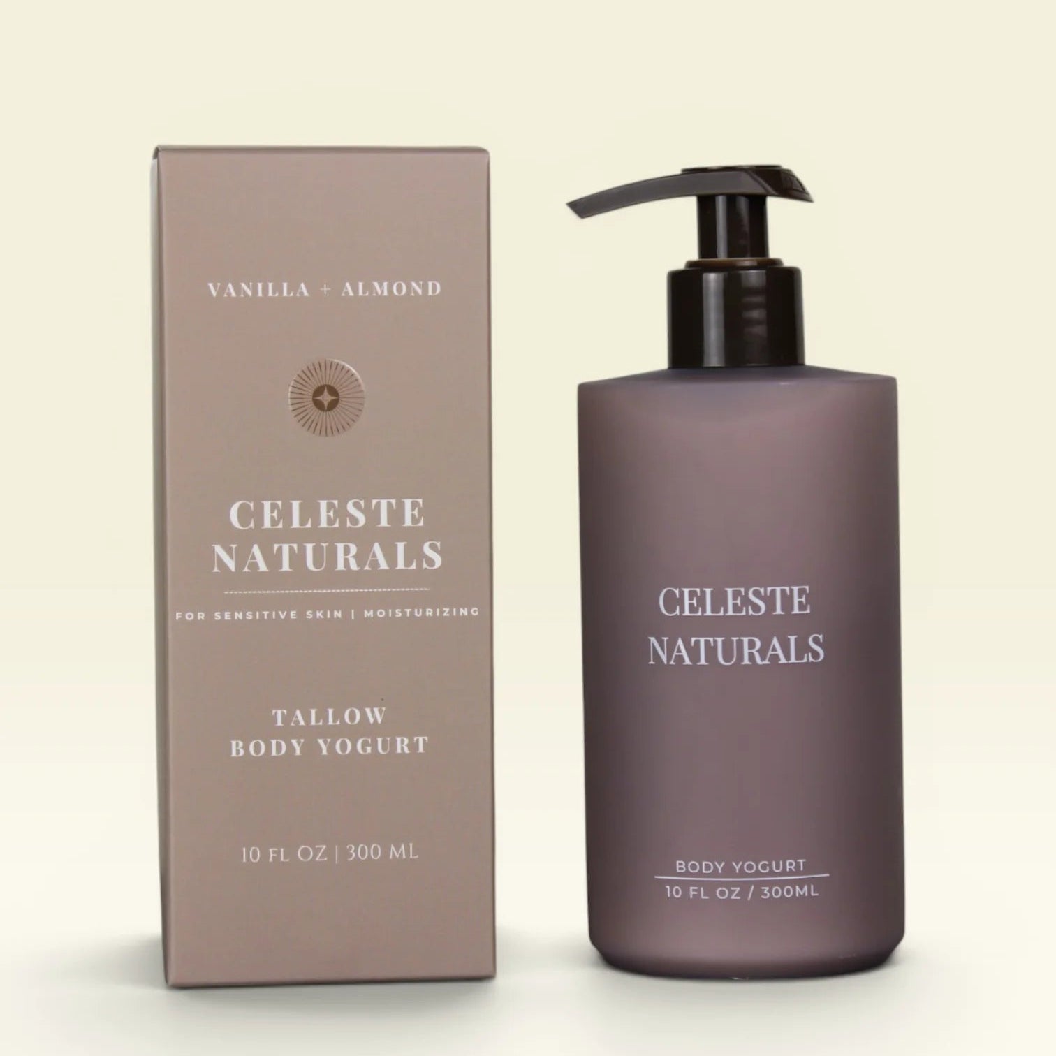 Celeste Naturals Vanilla + Almond Body Yogurt bottle and brown box