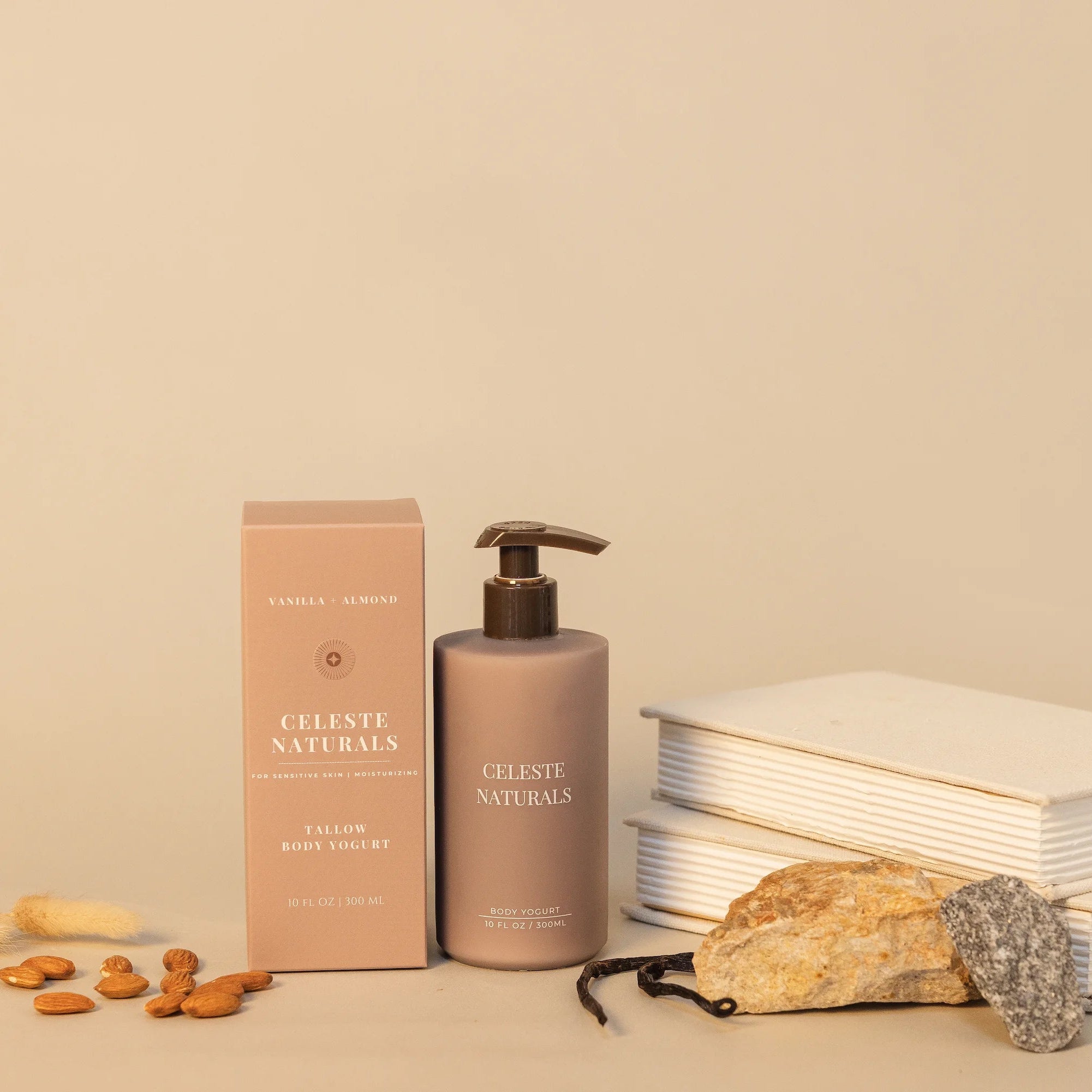 Celeste Naturals Vanilla + Almond Body Yogurt bottle with beige box