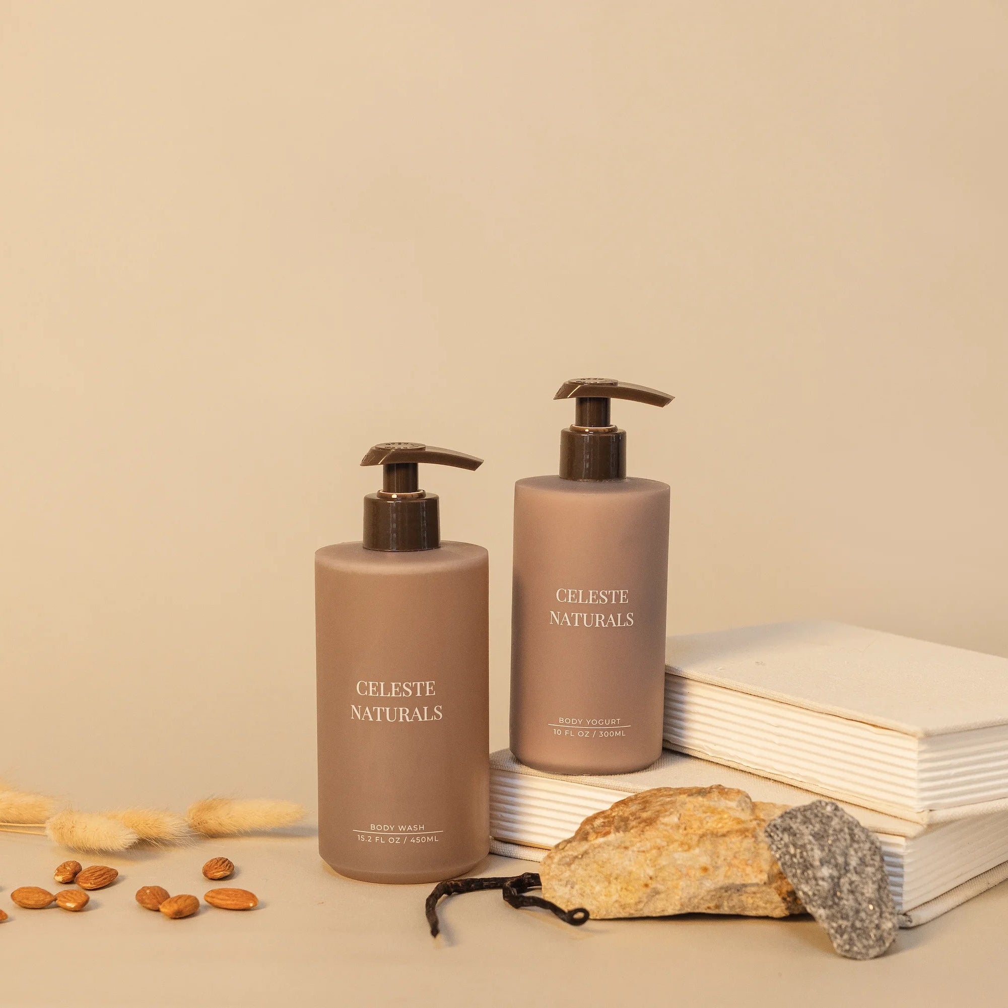 Celeste Naturals Vanilla + Almond Body Wash and Body Yogurt bottles