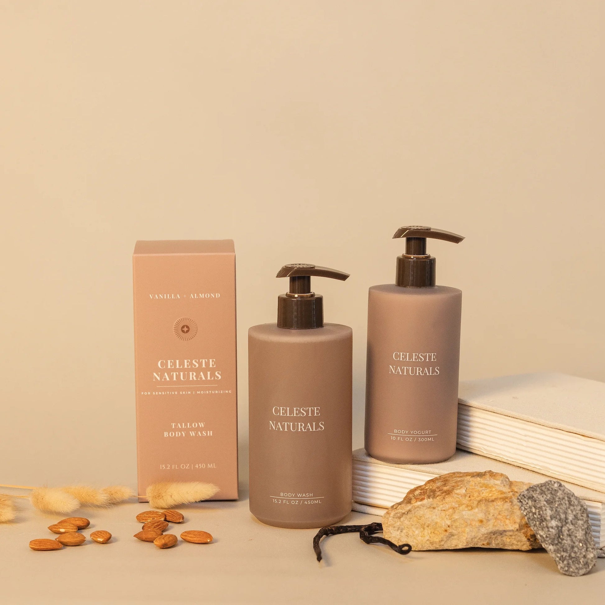 Celeste Naturals Vanilla + Almond Body Wash and Body Yogurt bottle with Beige box